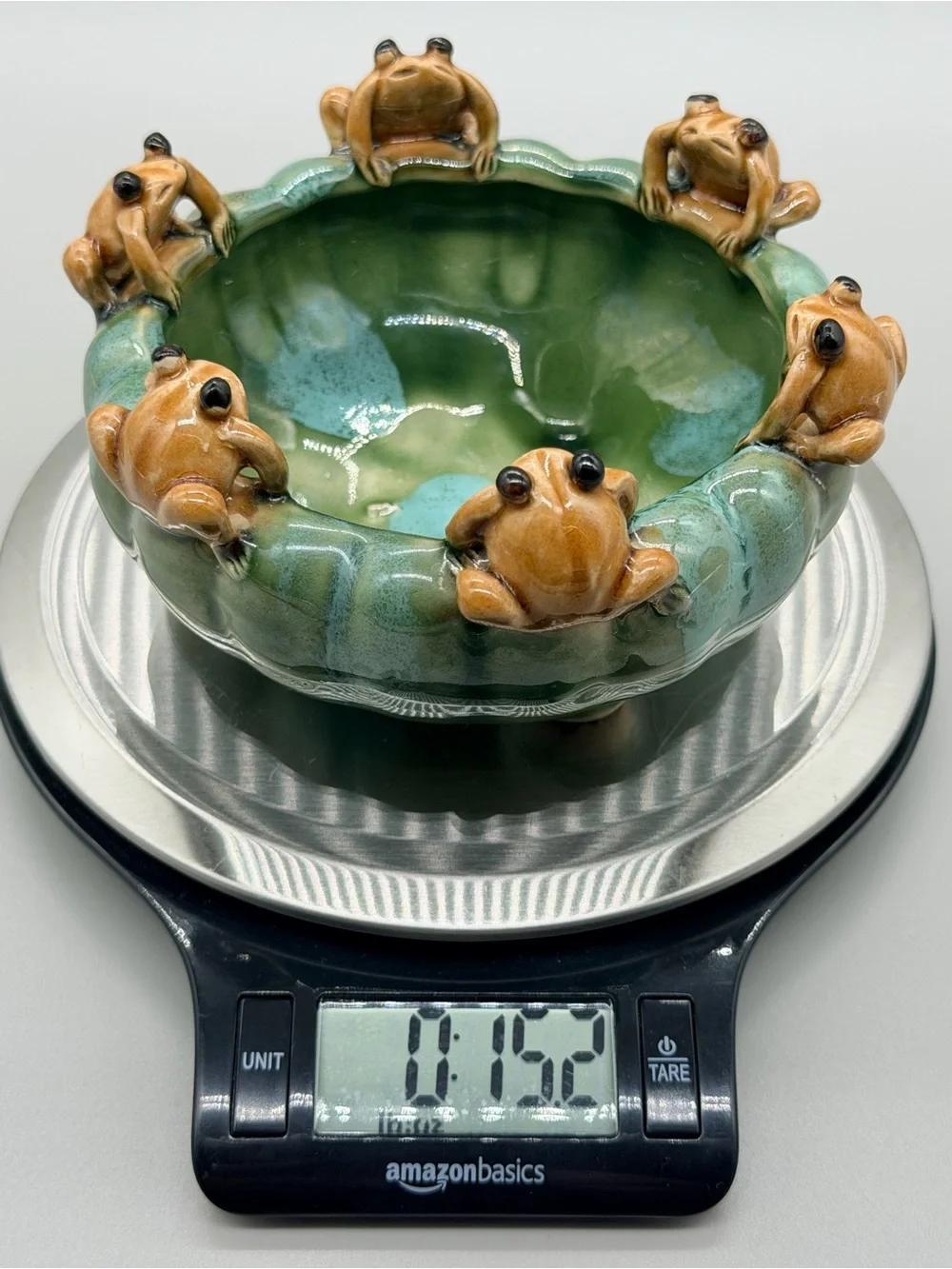 VTG Majolica Style Ceramic 6 Frogs Bowl Planter Green Drip Glaze Lily Pad 5